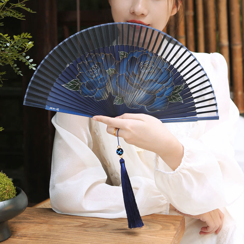 Silk Bamboo Chinese Folding Fan 21cm with Peony Flowers