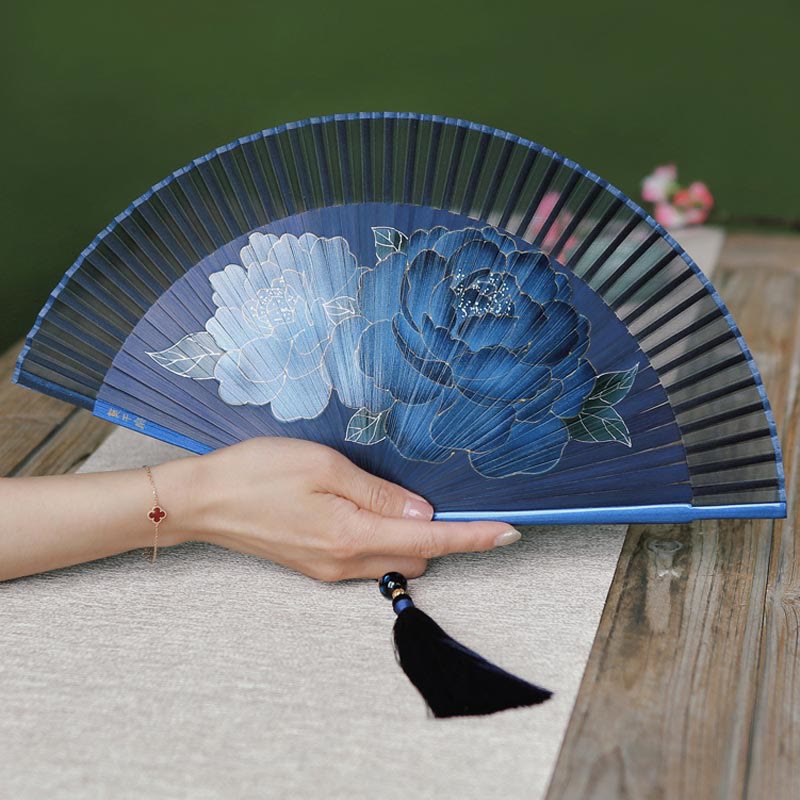 Silk Bamboo Chinese Folding Fan 21cm with Peony Flowers