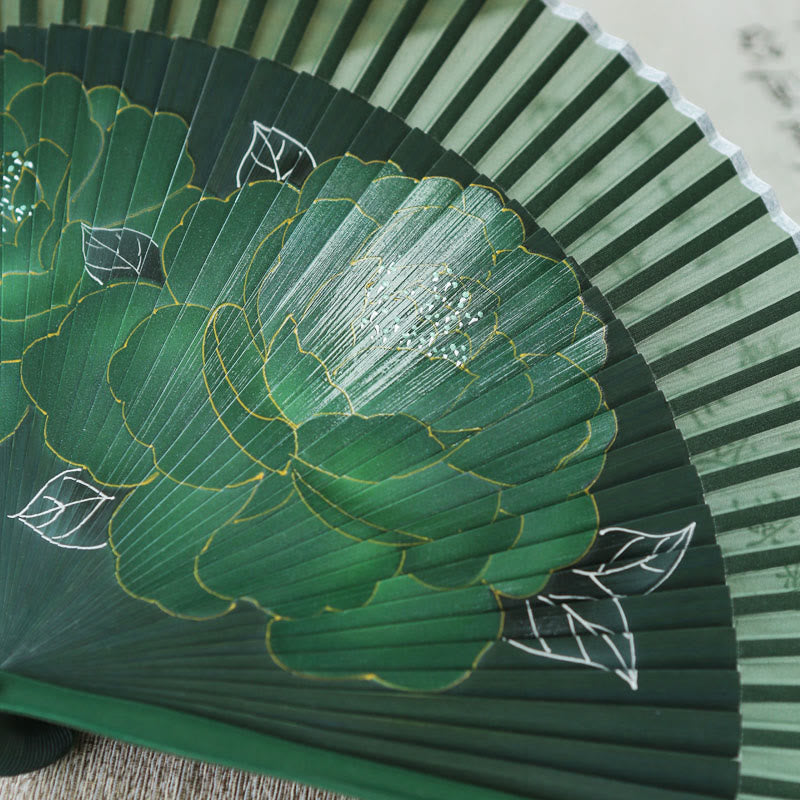 Silk Bamboo Chinese Folding Fan 21cm with Peony Flowers