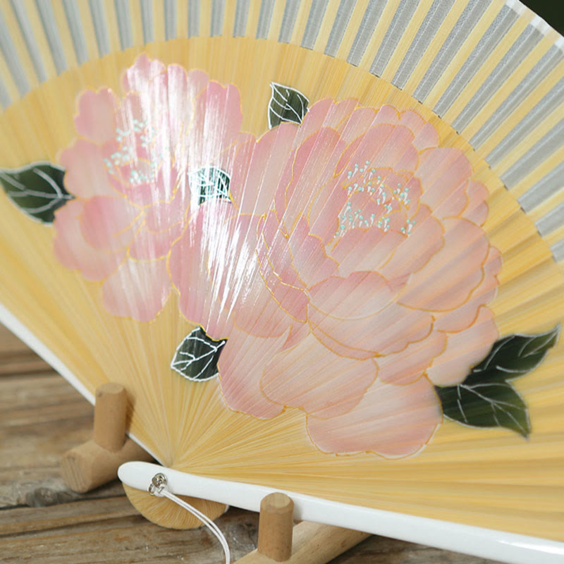 Silk Bamboo Chinese Folding Fan 21cm with Peony Flowers