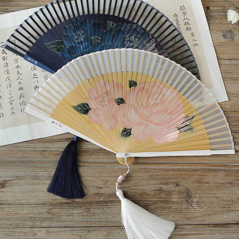 Silk Bamboo Chinese Folding Fan 21cm with Peony Flowers