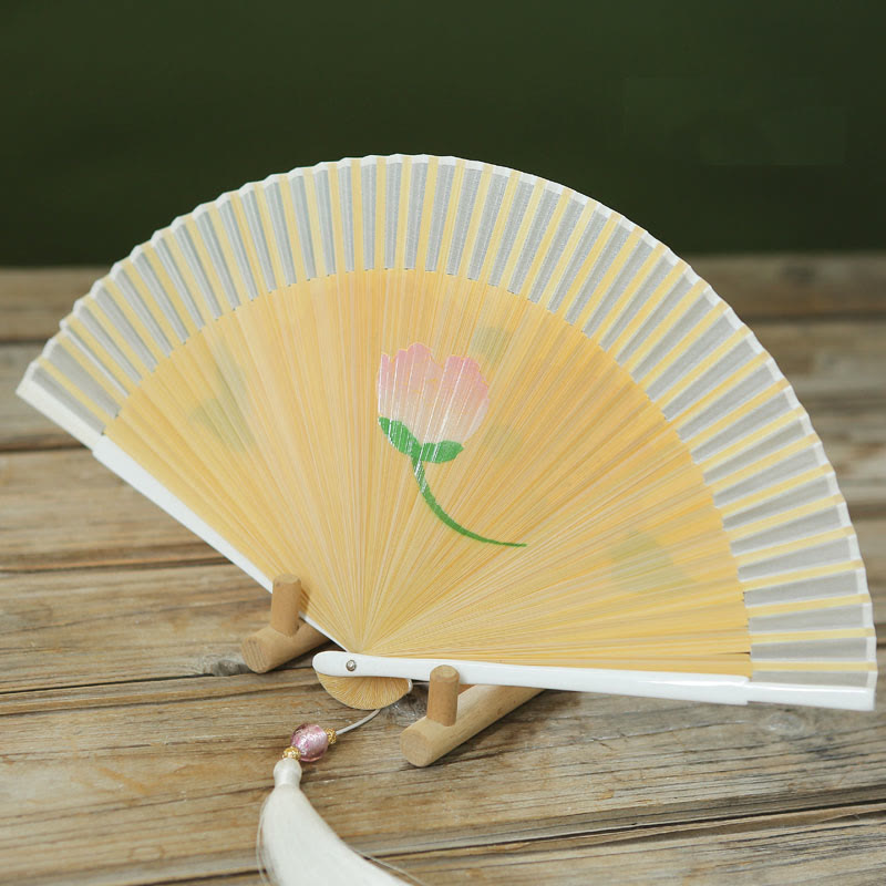 Silk Bamboo Chinese Folding Fan 21cm with Peony Flowers