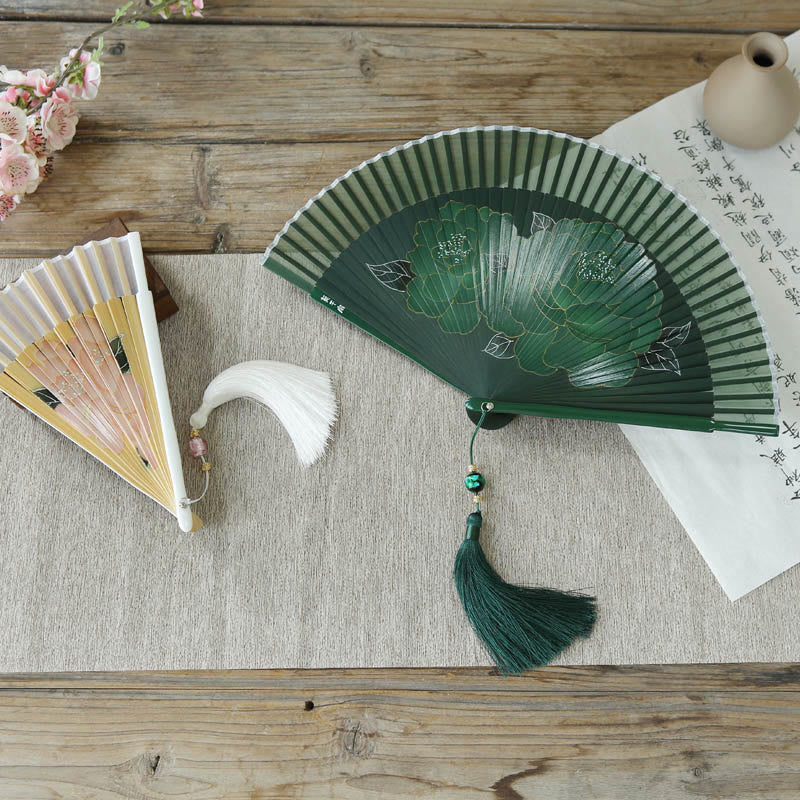 Silk Bamboo Chinese Folding Fan 21cm with Peony Flowers