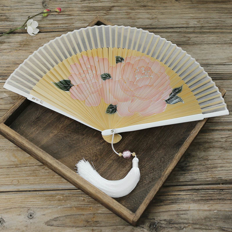 Silk Bamboo Chinese Folding Fan 21cm with Peony Flowers