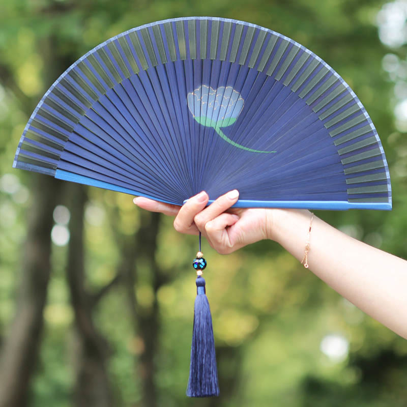 Silk Bamboo Chinese Folding Fan 21cm with Peony Flowers
