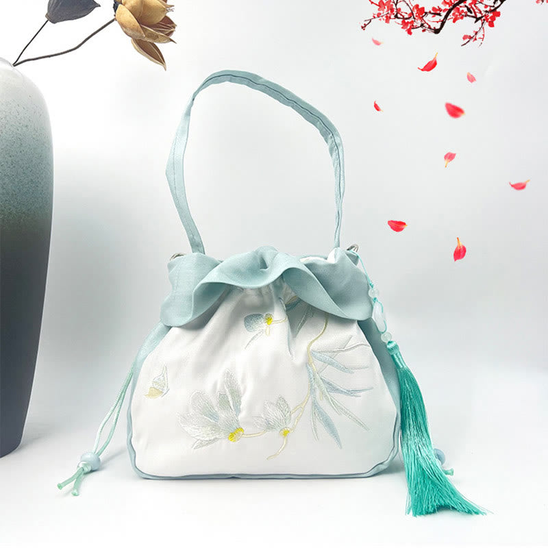 Silk Tote Bag | Embroidered Floral Yoga Carrier 20cm