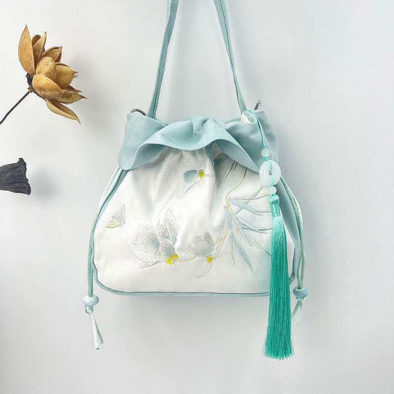 Silk Tote Bag | Embroidered Floral Yoga Carrier 20cm