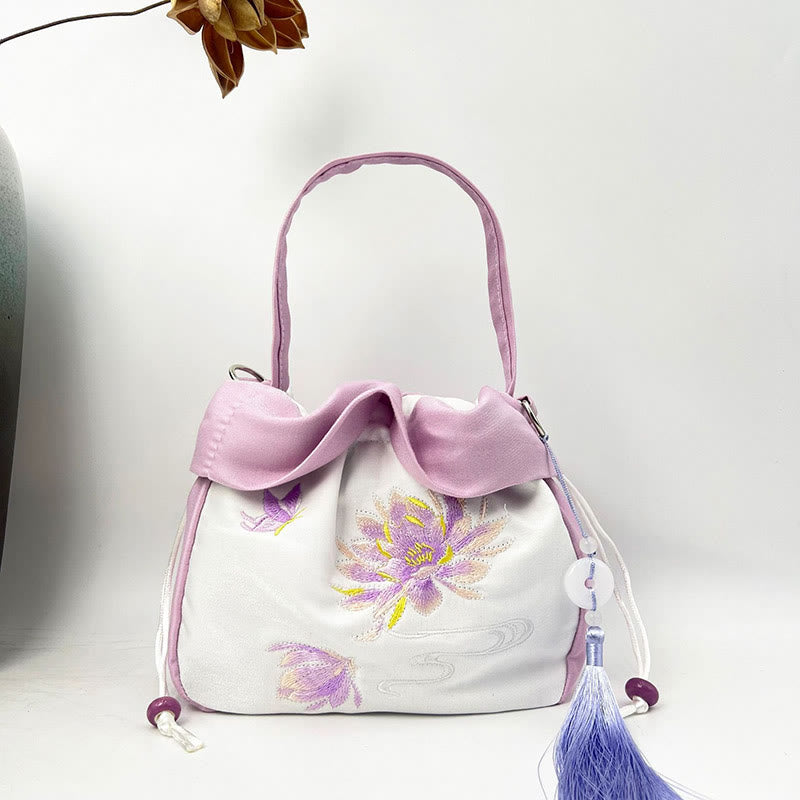 Silk Tote Bag | Embroidered Floral Yoga Carrier 20cm