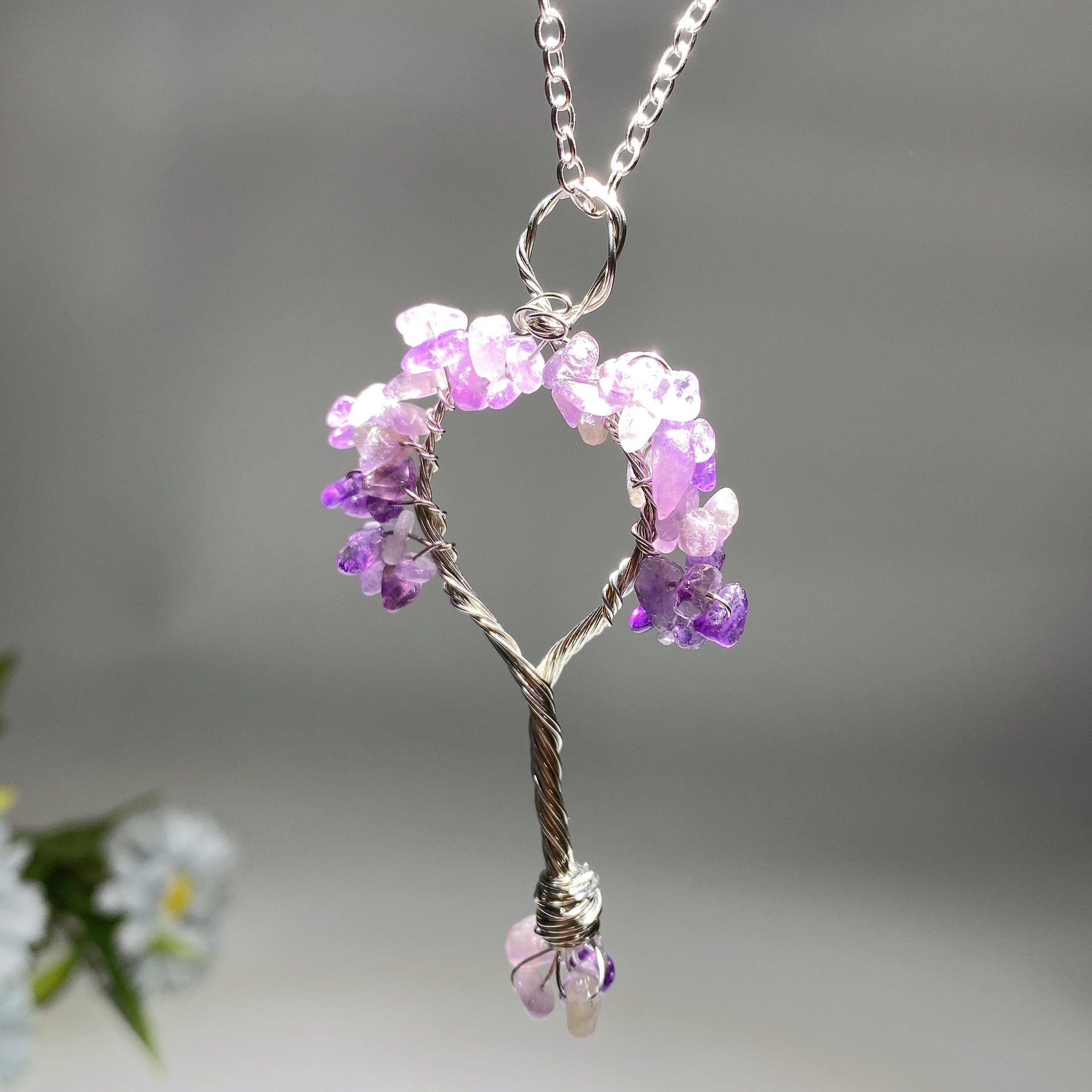 Silver Chain Tree of Life Healing Crystal Necklace 33cm