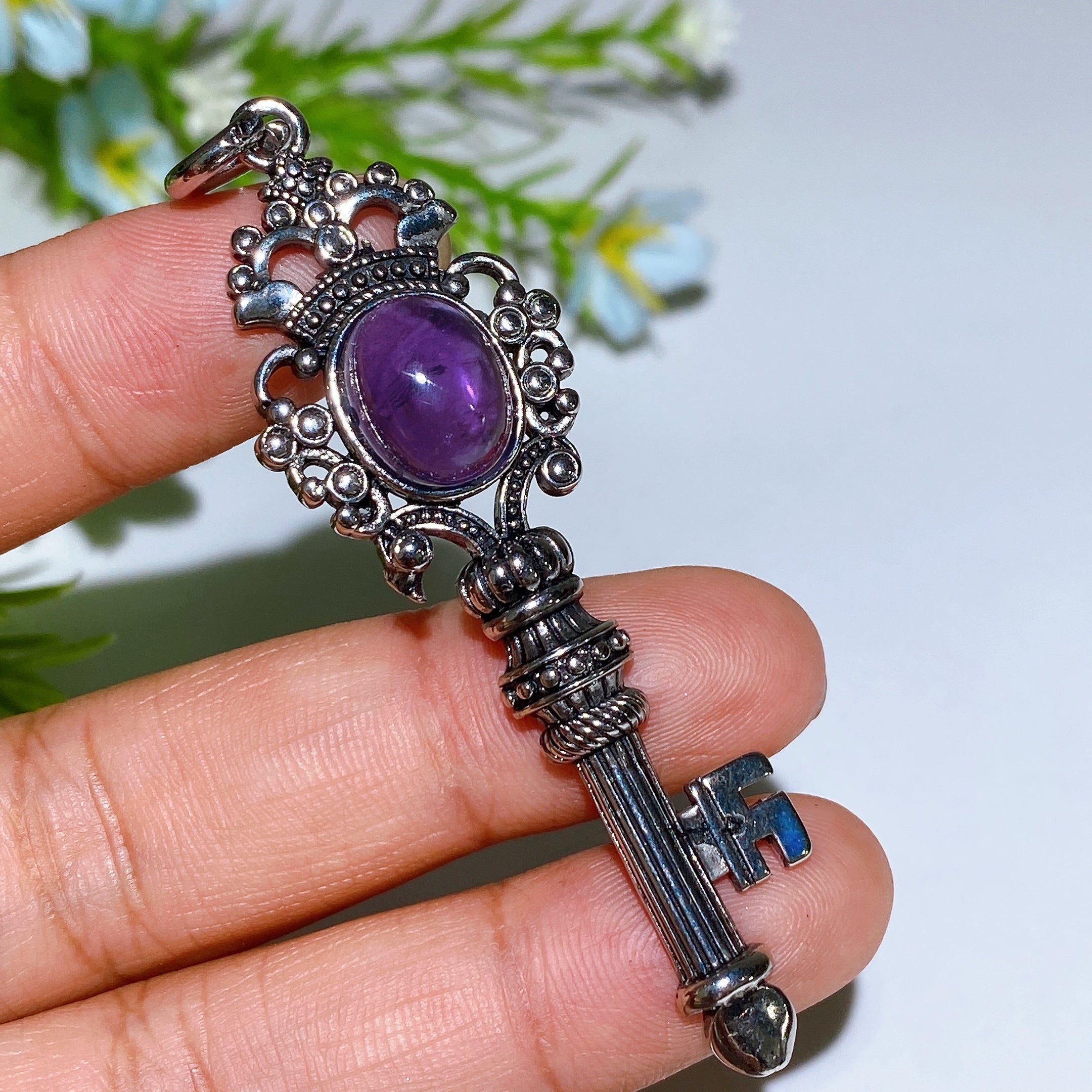 Silver Crystal Key Pendant with Healing Gemstones 65mm