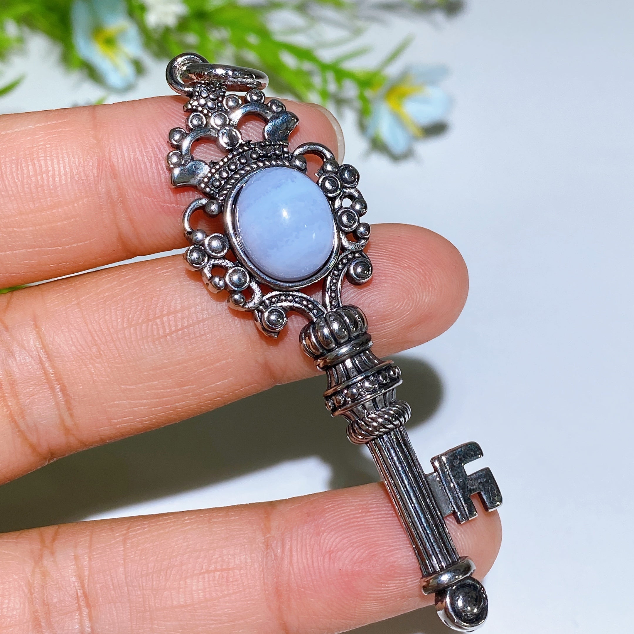 Silver Crystal Key Pendant with Healing Gemstones 65mm