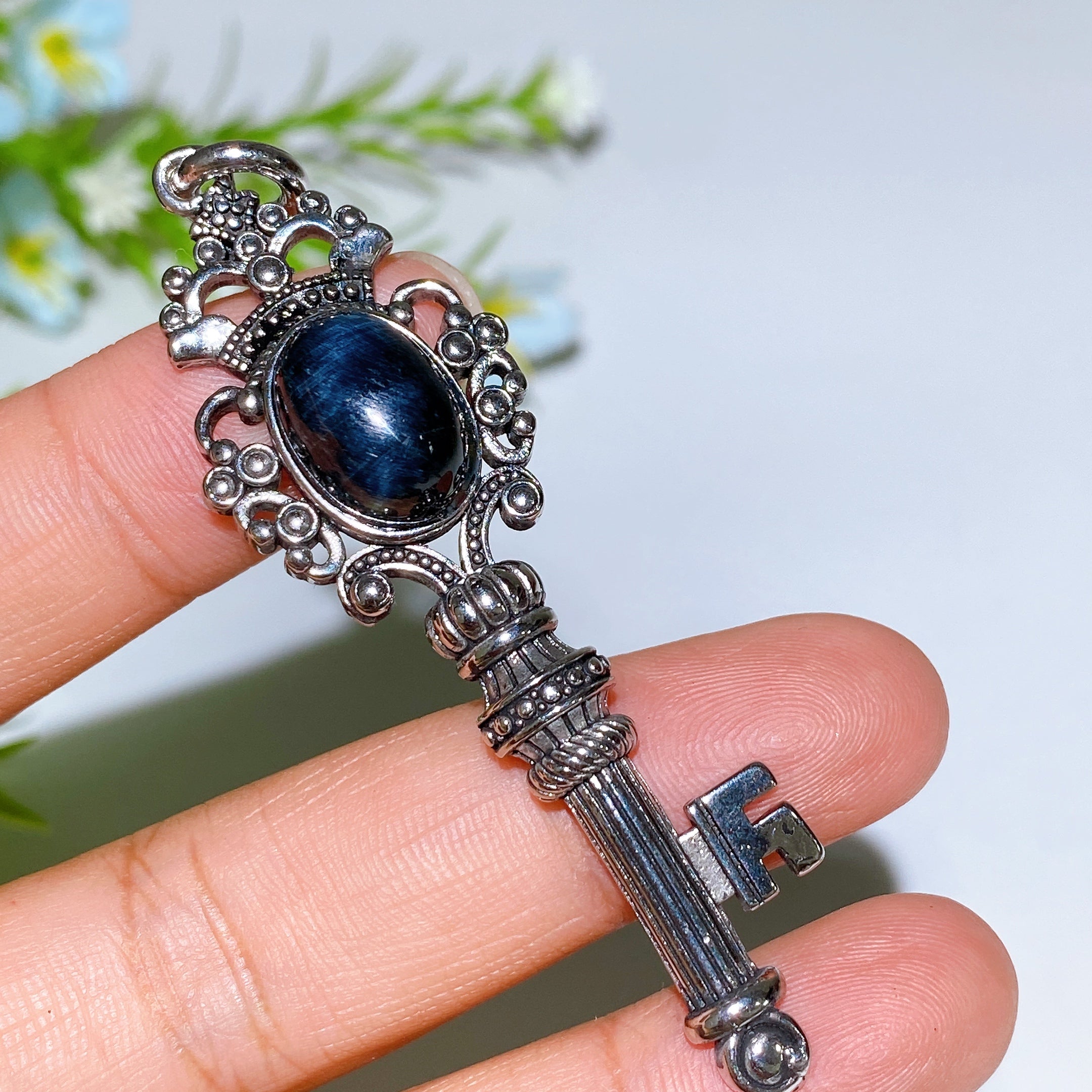 Silver Crystal Key Pendant with Healing Gemstones 65mm