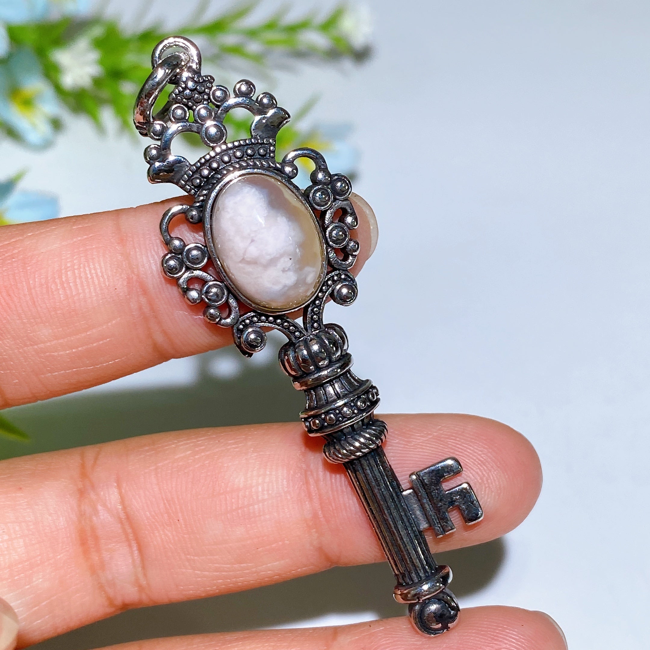 Silver Crystal Key Pendant with Healing Gemstones 65mm