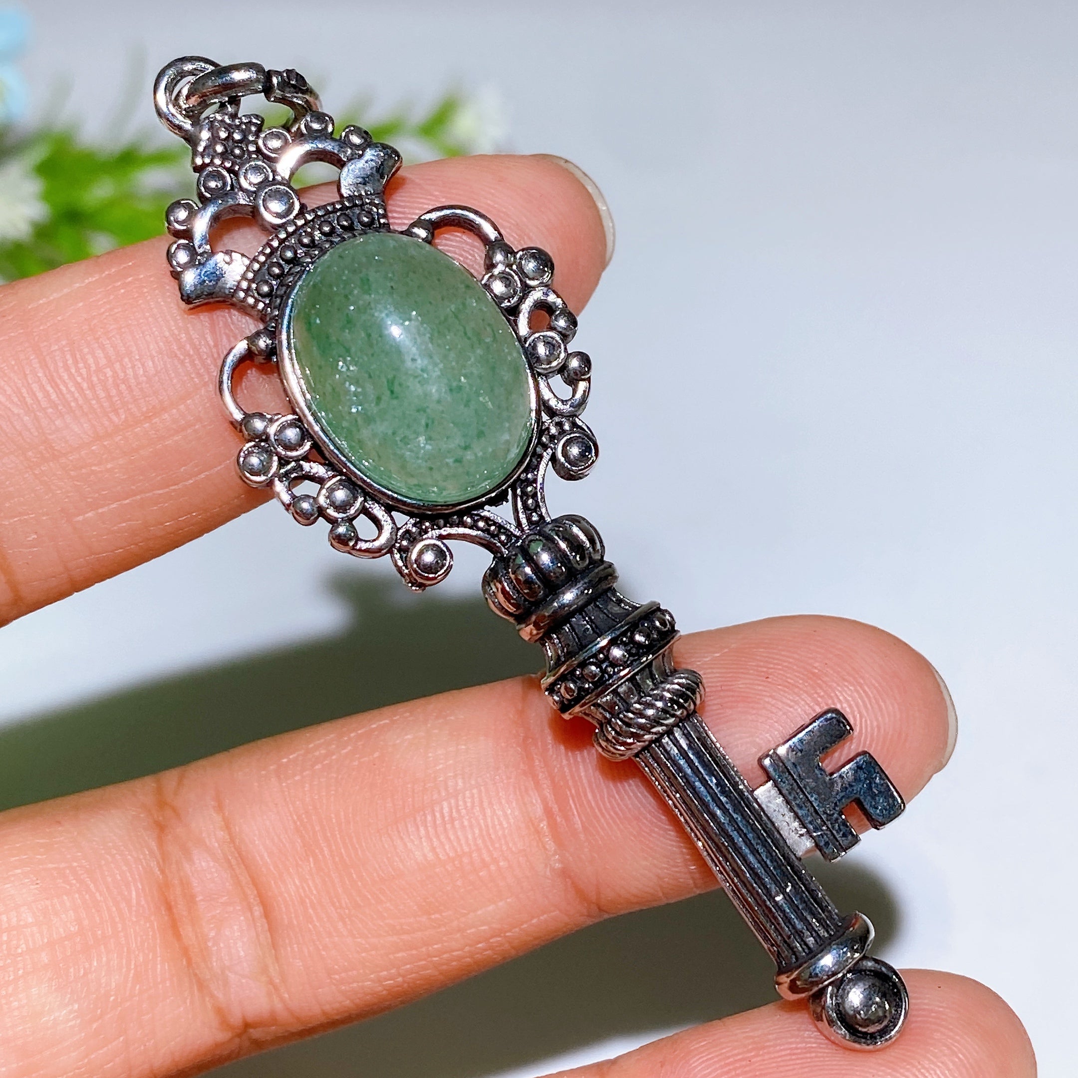 Silver Crystal Key Pendant with Healing Gemstones 65mm