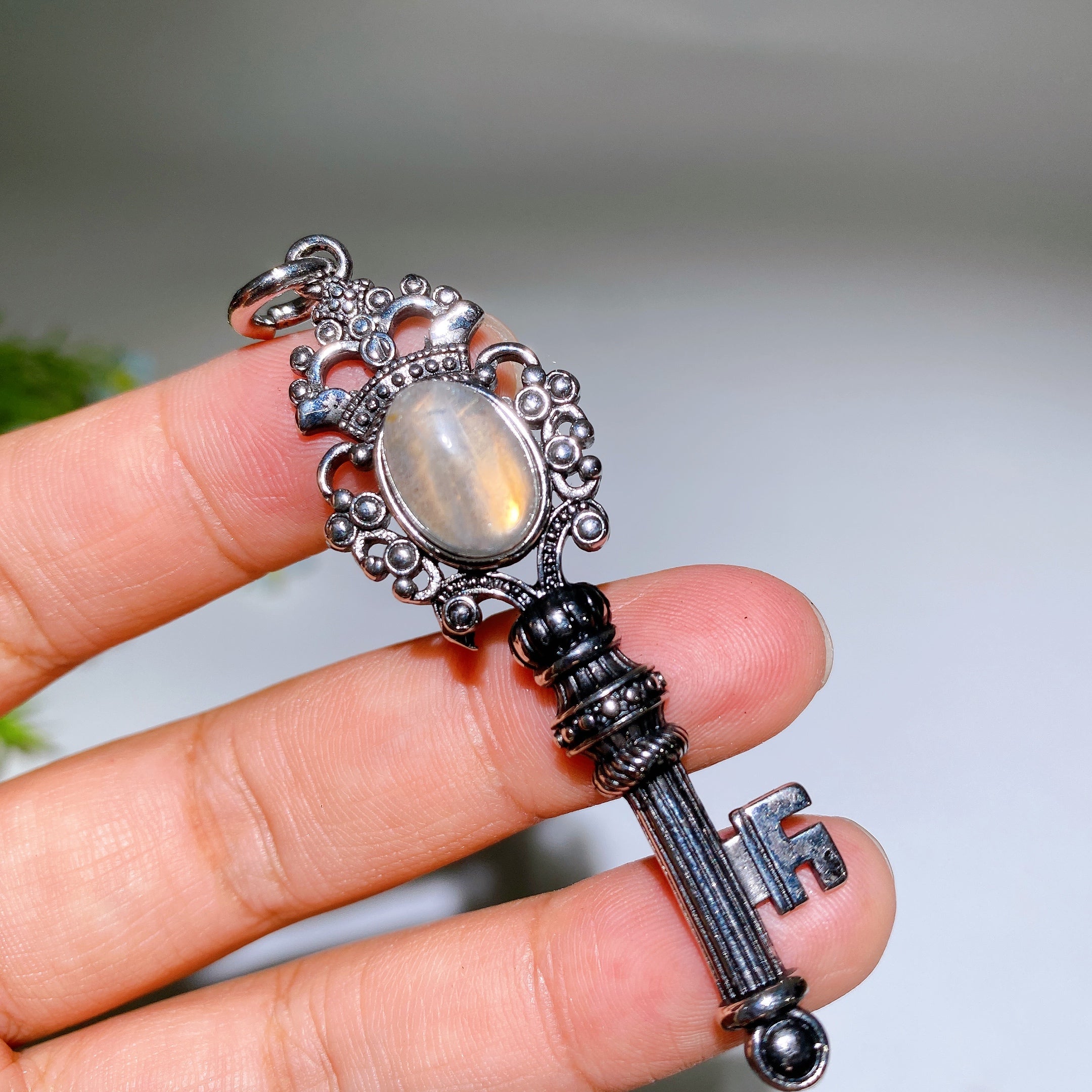 Silver Crystal Key Pendant with Healing Gemstones 65mm