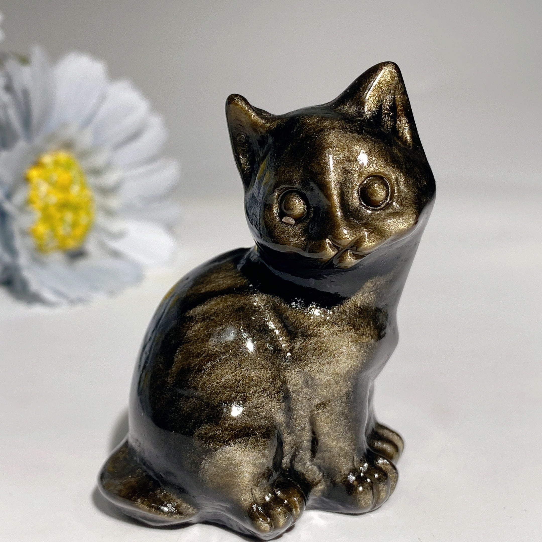 Silver & Golden Obsidian Cat Crystal Carvings 1.4-2.3" Figurines