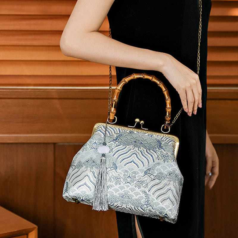 Silver Lines Bamboo Handle Crossbody Bag 26cm