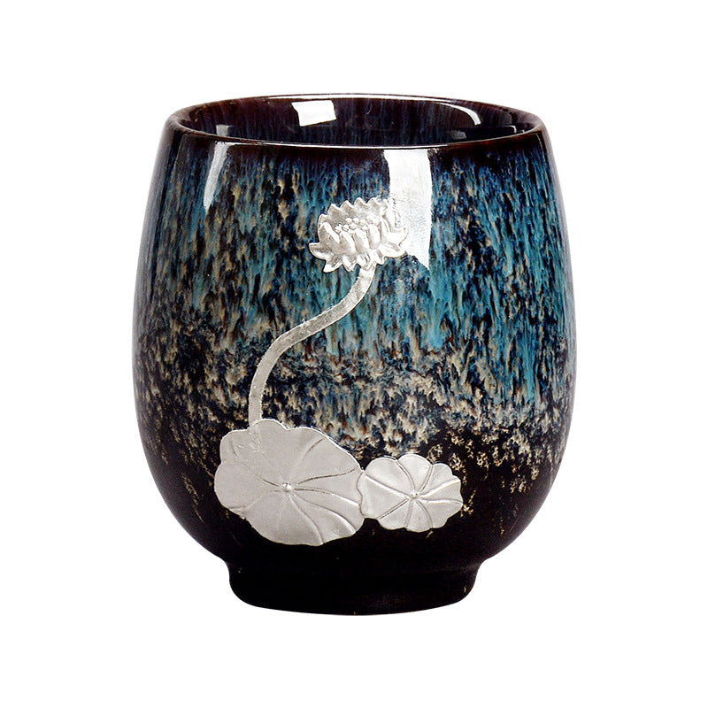 Silver Lotus Flower Leaf Chinese Jianzhan Ceramic Teacup 150ml
