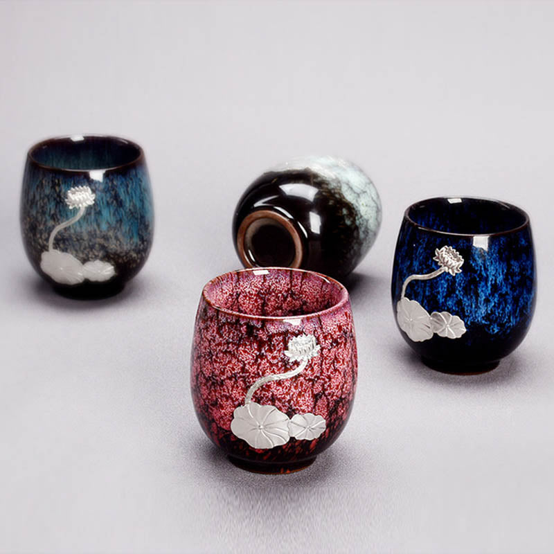 Silver Lotus Flower Leaf Chinese Jianzhan Ceramic Teacup 150ml