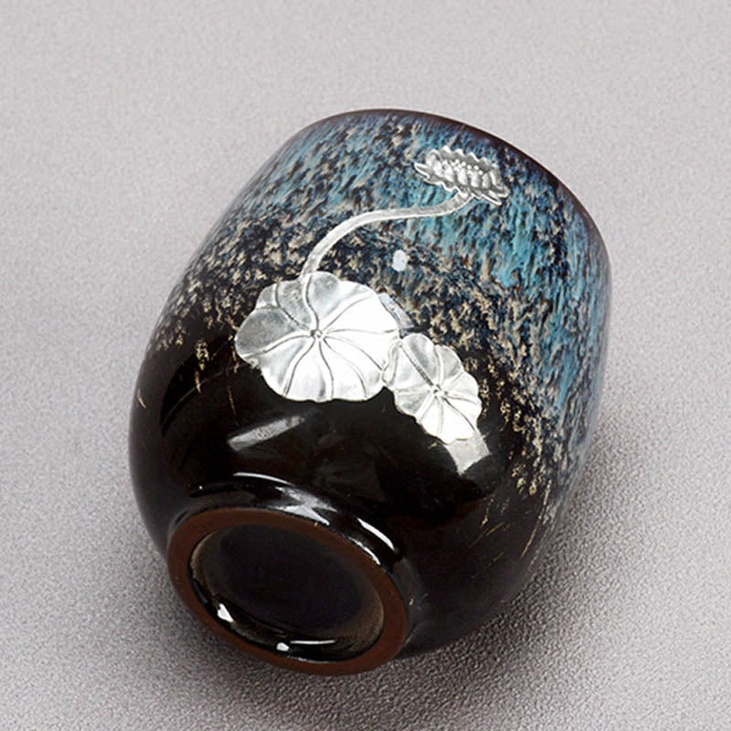 Silver Lotus Flower Leaf Chinese Jianzhan Ceramic Teacup 150ml