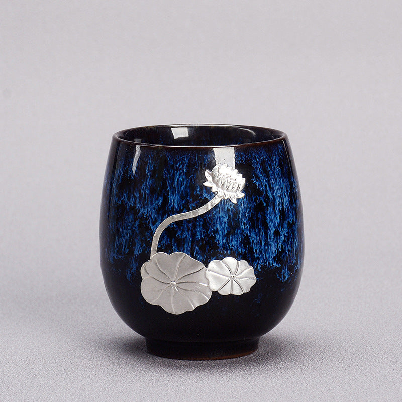 Silver Lotus Flower Leaf Chinese Jianzhan Ceramic Teacup 150ml