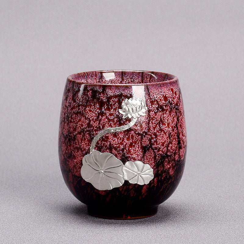 Silver Lotus Flower Leaf Chinese Jianzhan Ceramic Teacup 150ml