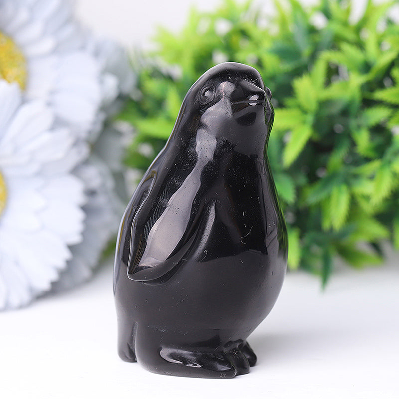 Silver Obsidian Crystal Penguin Carving 3.2 Inch Figurine