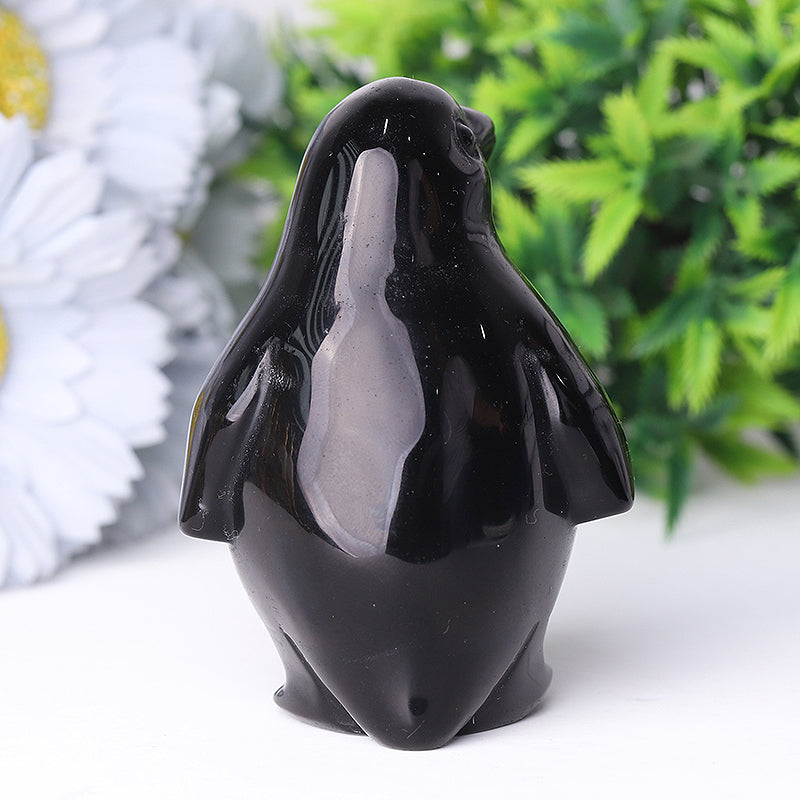 Silver Obsidian Crystal Penguin Carving 3.2 Inch Figurine