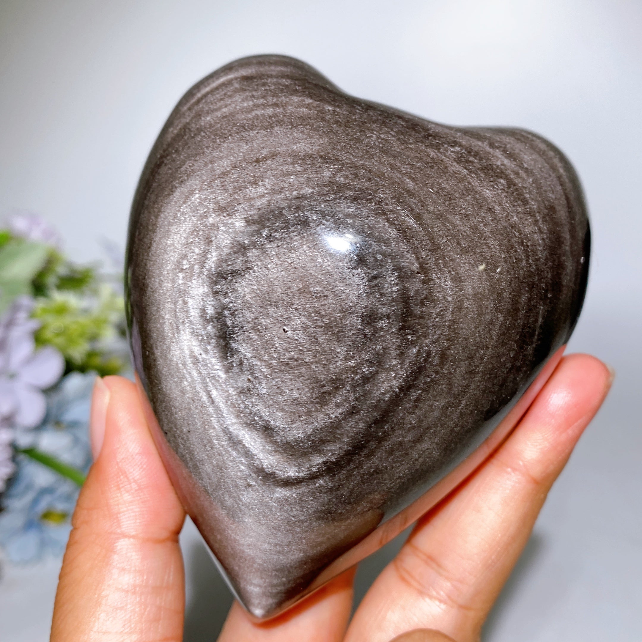 Silver Obsidian Heart Angel Carving with Stand Healing Energy