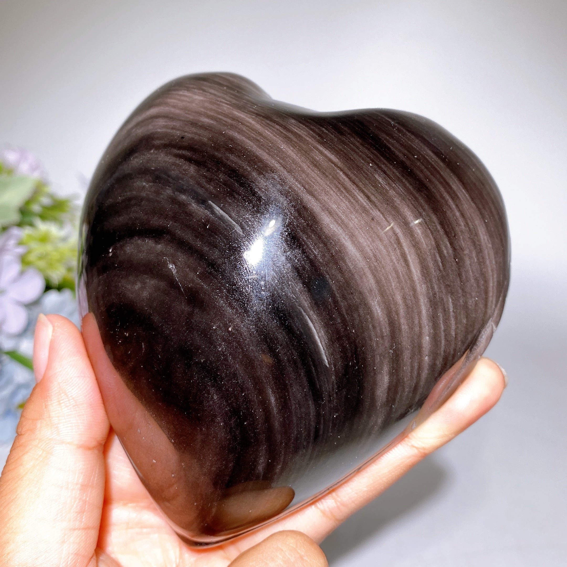 Silver Obsidian Heart Angel Carving with Stand Healing Energy