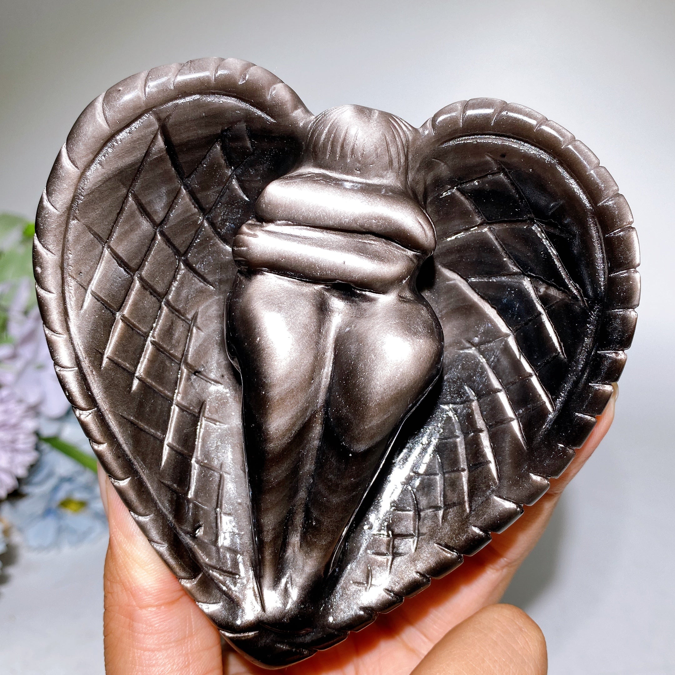 Silver Obsidian Heart Angel Carving with Stand Healing Energy