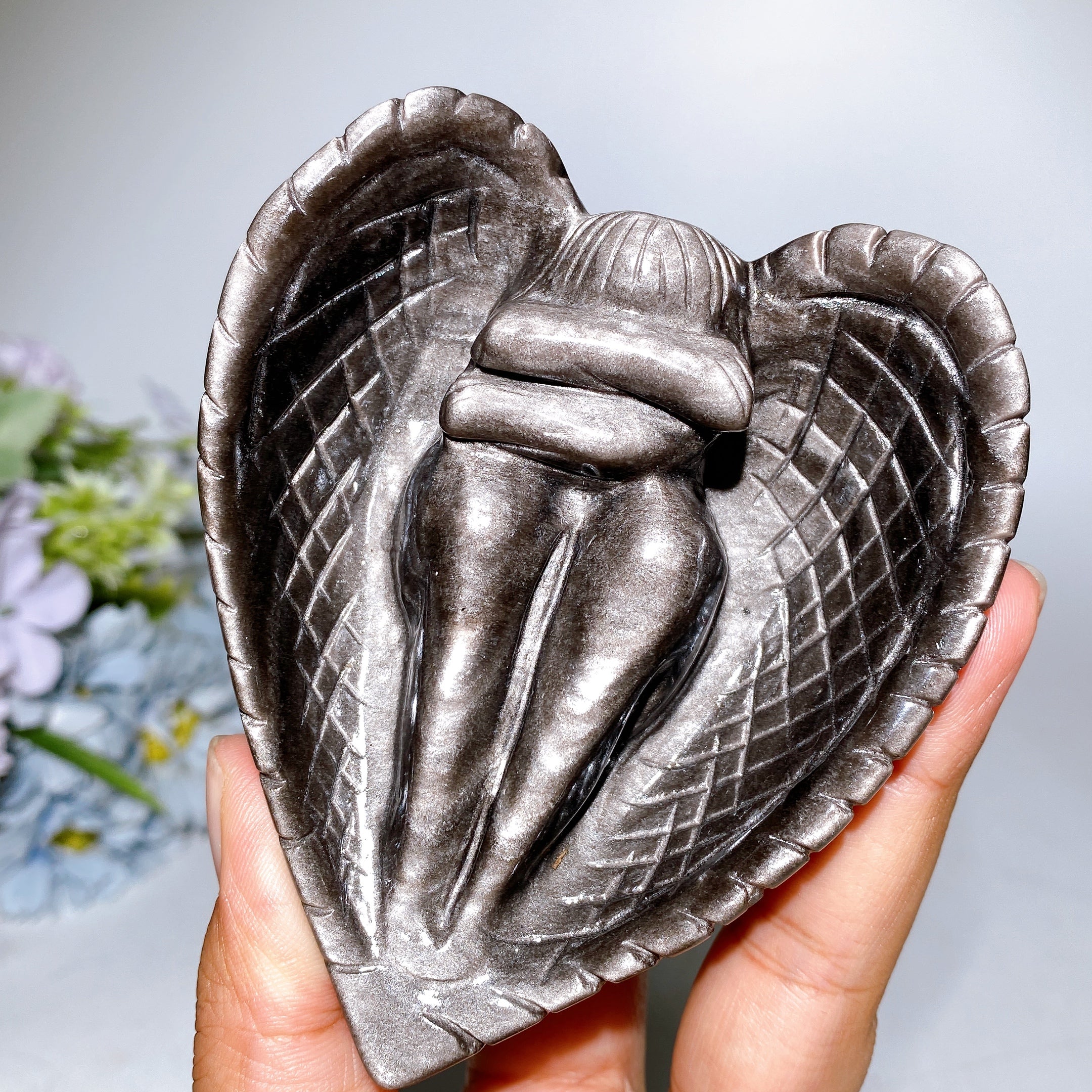 Silver Obsidian Heart Angel Carving with Stand Healing Energy