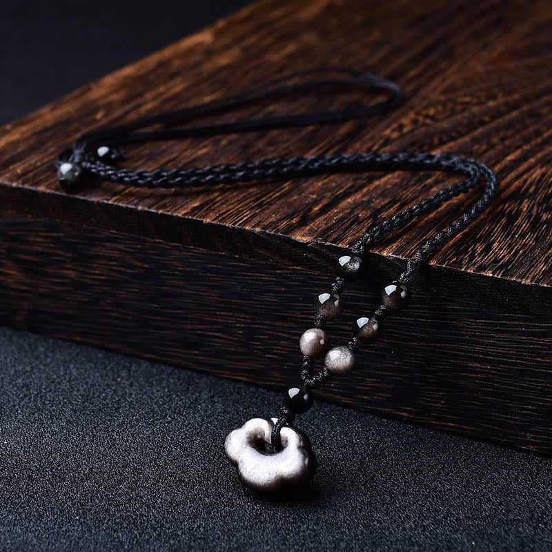 Silver Sheen Obsidian Auspicious Clouds Protection Necklace