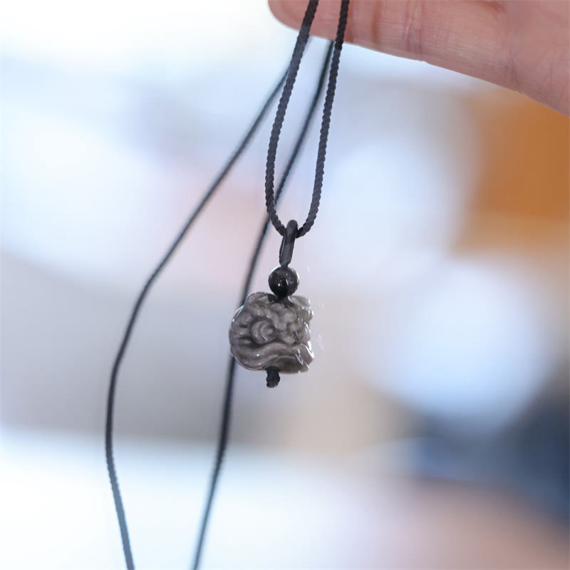 Silver Sheen Obsidian Dancing Lion Protection Necklace Unisex