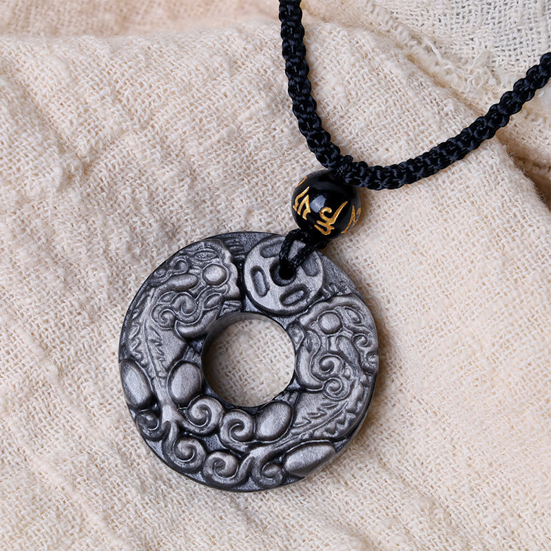 Silver Sheen Obsidian Double PiXiu Protection Necklace Pendant