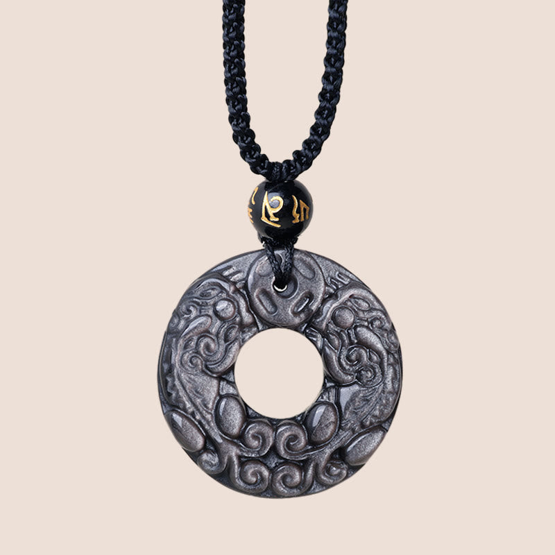 Silver Sheen Obsidian Double PiXiu Protection Necklace Pendant