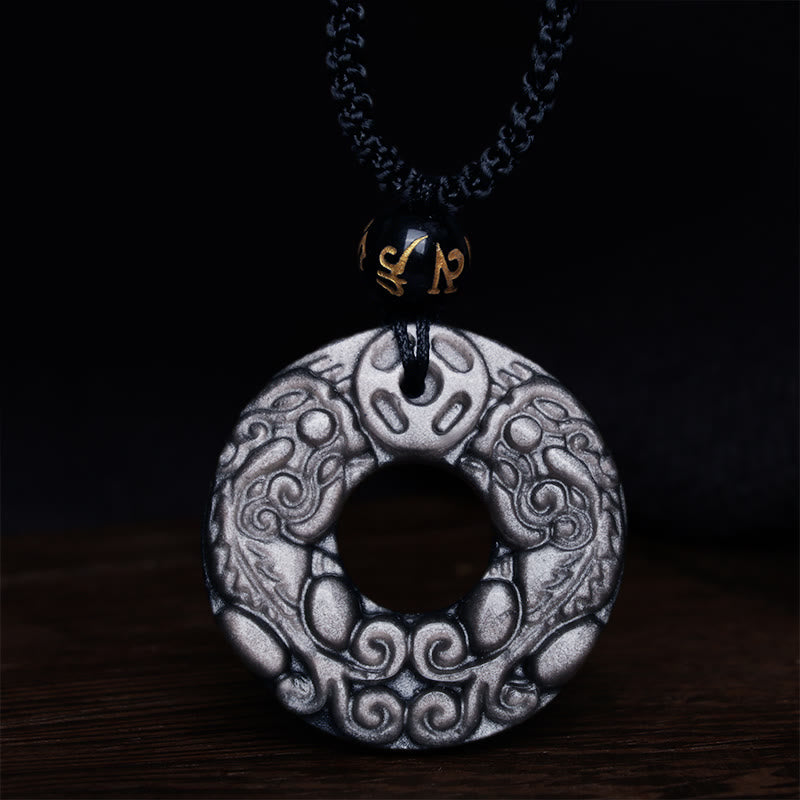 Silver Sheen Obsidian Double PiXiu Protection Necklace Pendant