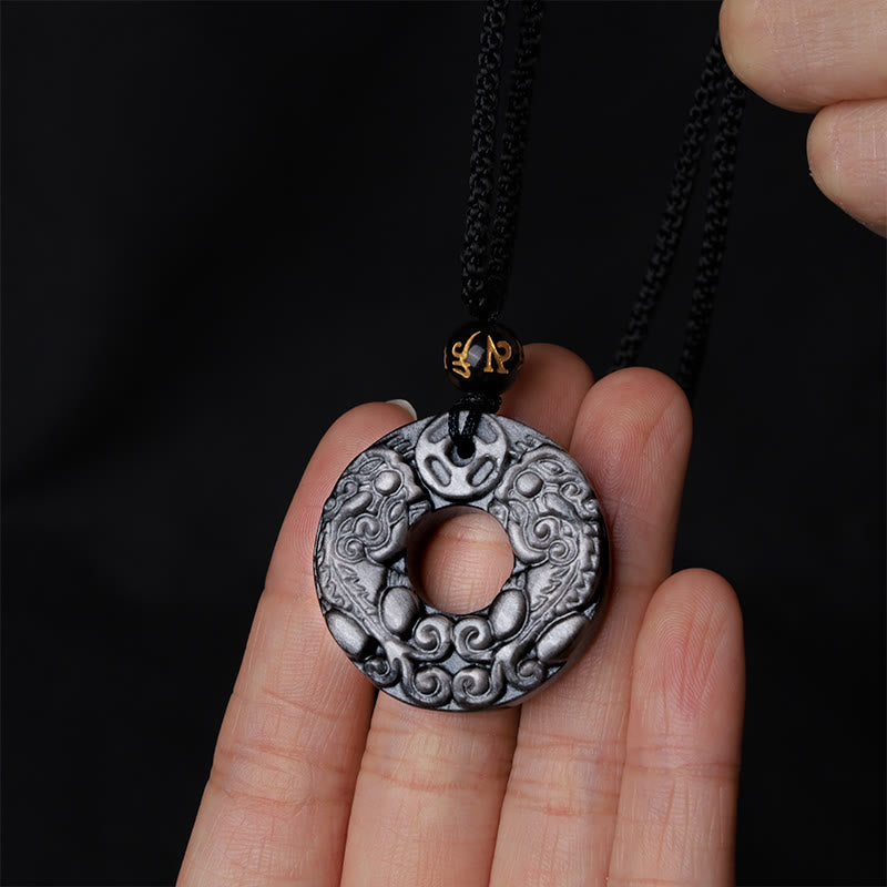 Silver Sheen Obsidian Double PiXiu Protection Necklace Pendant