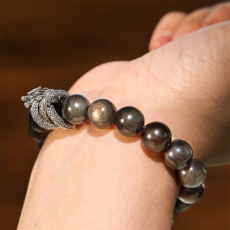 Silver Sheen Obsidian Dragon Protection Bracelet 10mm