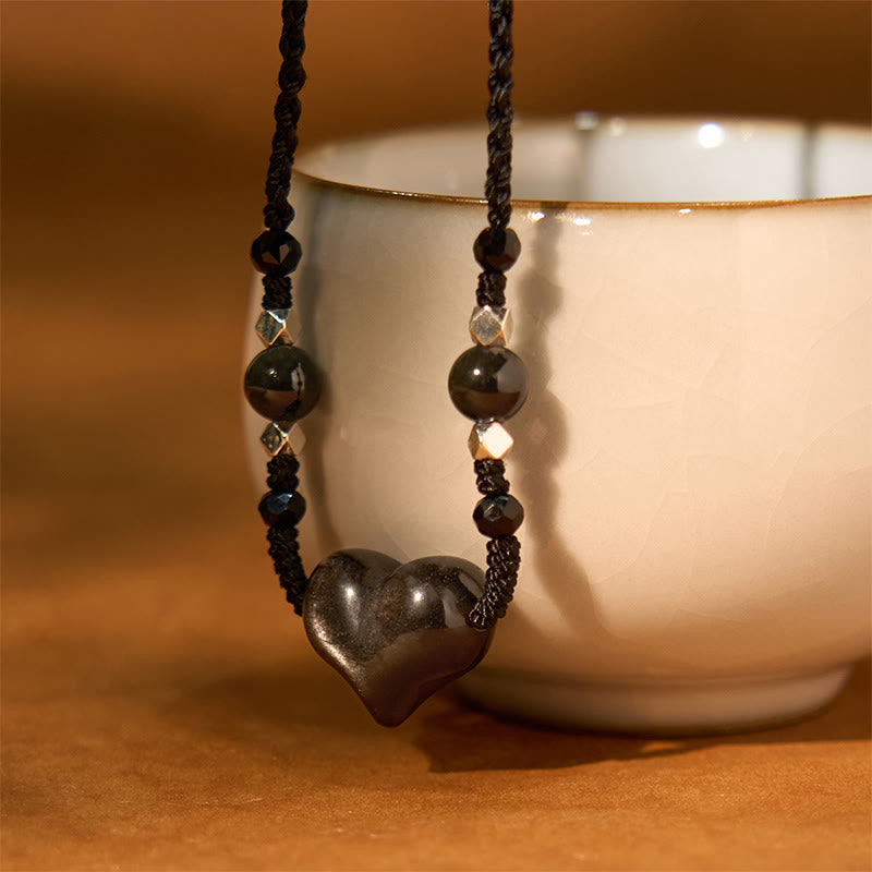 Silver Sheen Obsidian Heart Protection Necklace for Women