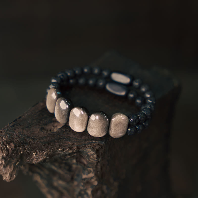 Silver Sheen Obsidian Lava Rock Communication Bracelet 16cm