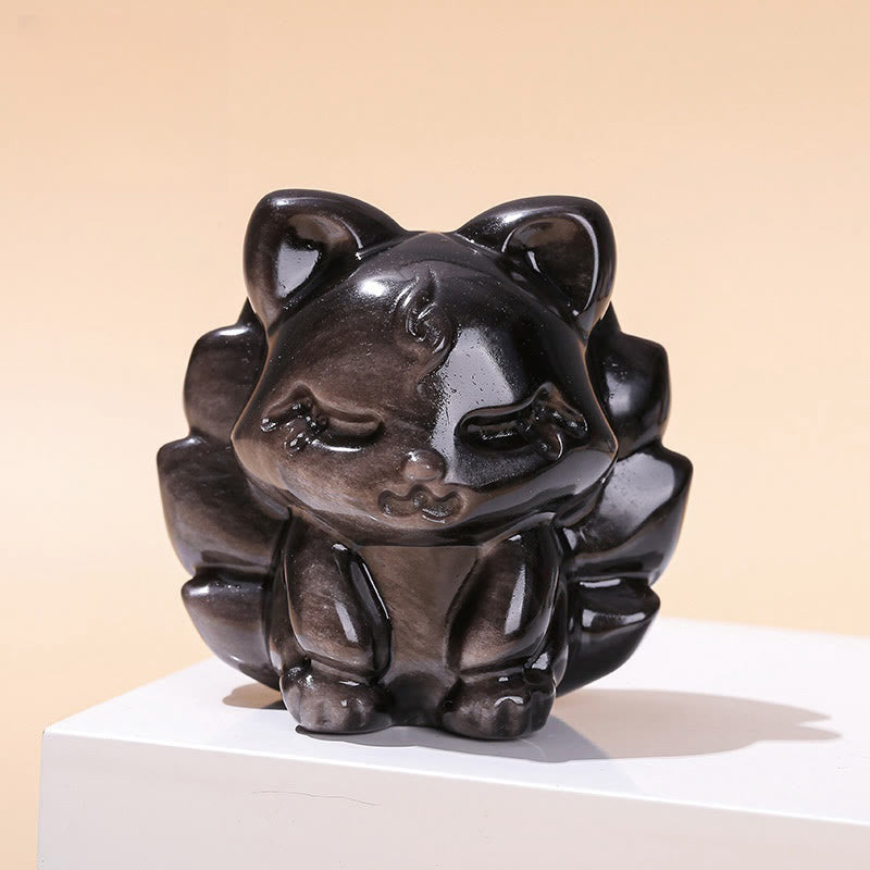 Silver Sheen Obsidian Nine Tailed Fox Figurine 7cm Protection