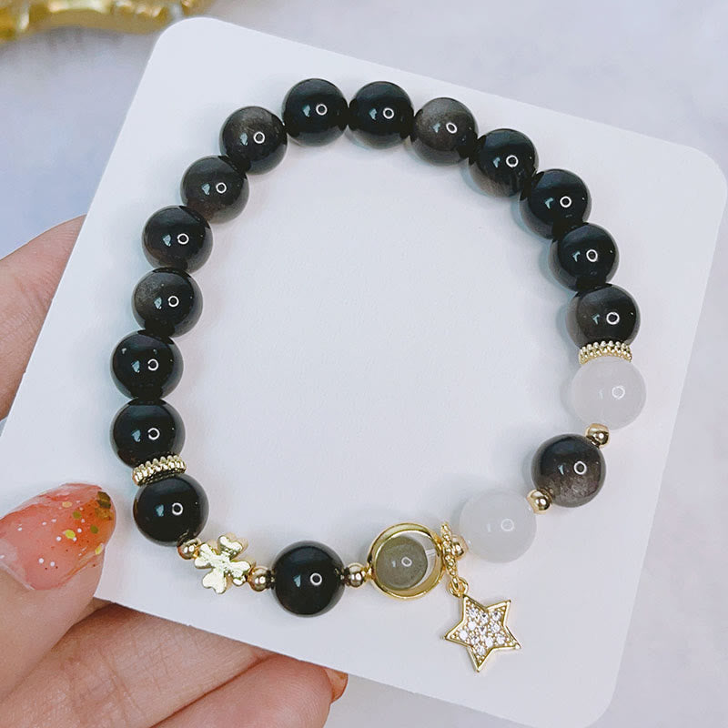 Silver Sheen Obsidian Protection Bracelet with Love Heart Charm
