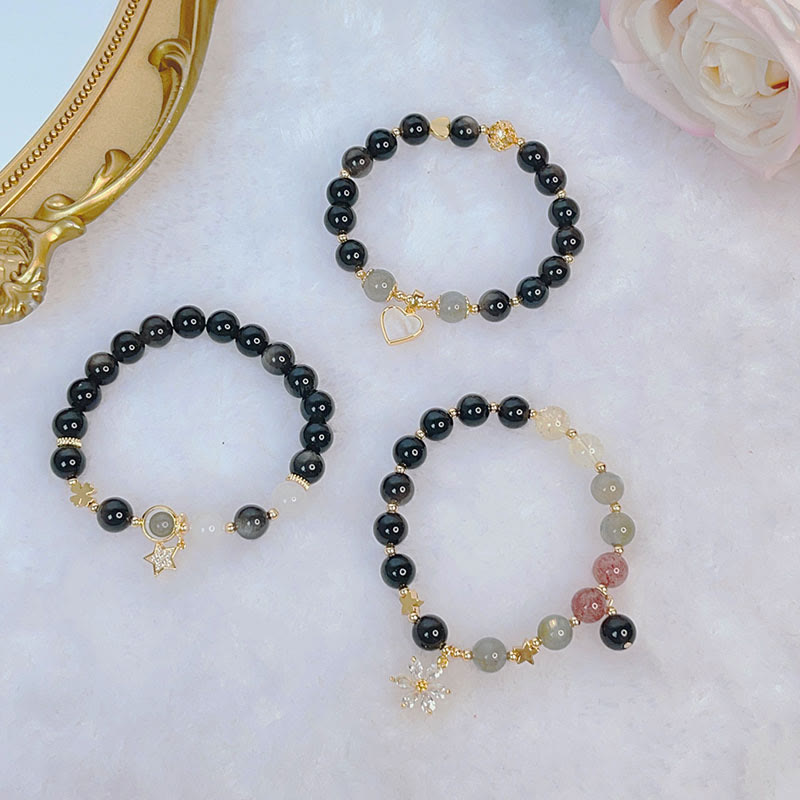 Silver Sheen Obsidian Protection Bracelet with Love Heart Charm