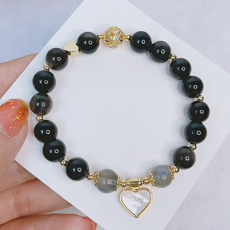 Silver Sheen Obsidian Protection Bracelet with Love Heart Charm