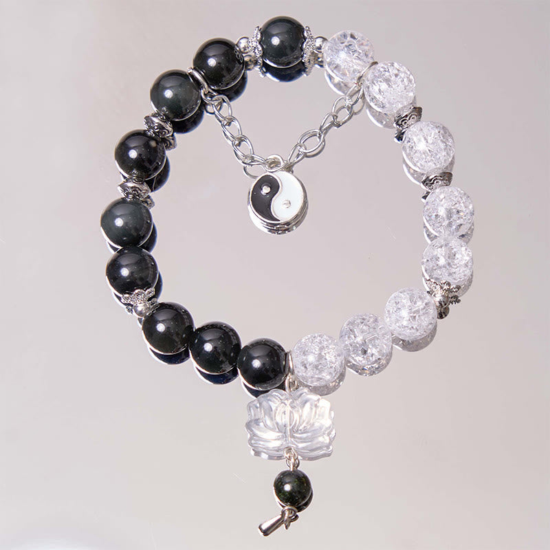 Silver Sheen Obsidian Protection Bracelet with Yin Yang Lotus Charm