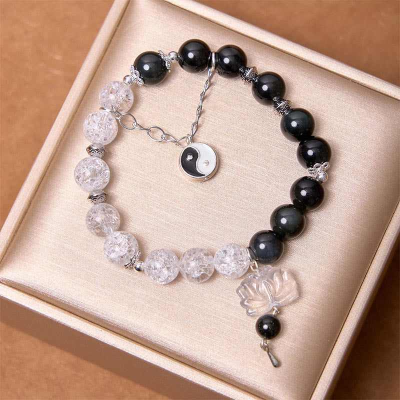 Silver Sheen Obsidian Protection Bracelet with Yin Yang Lotus Charm