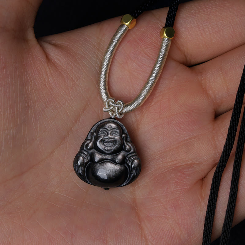 Silver Sheen Obsidian Protection Necklace with Laughing Buddha