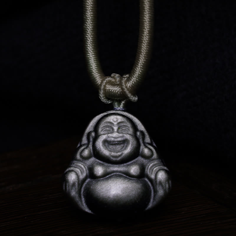 Silver Sheen Obsidian Protection Necklace with Laughing Buddha