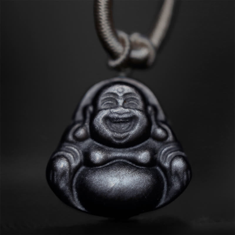 Silver Sheen Obsidian Protection Necklace with Laughing Buddha